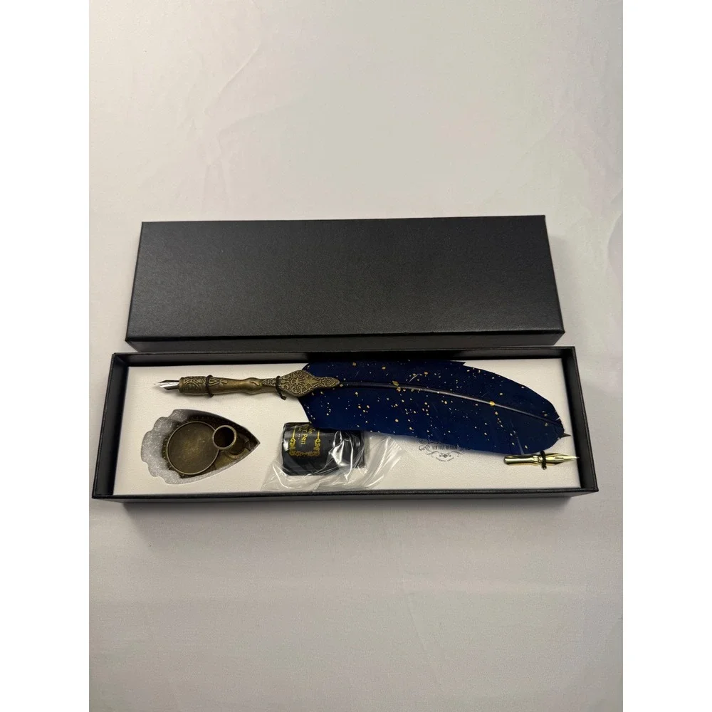 Vintage Design Feather Quill Pen Ink Set Navy Blue Gold Speckle Calligraphy Kit